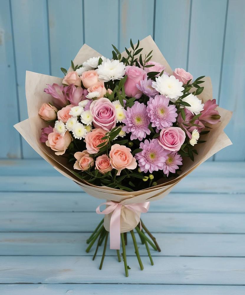 Букет цветов из: Хризантемы, Розы и Альстромерии в Первое Мая