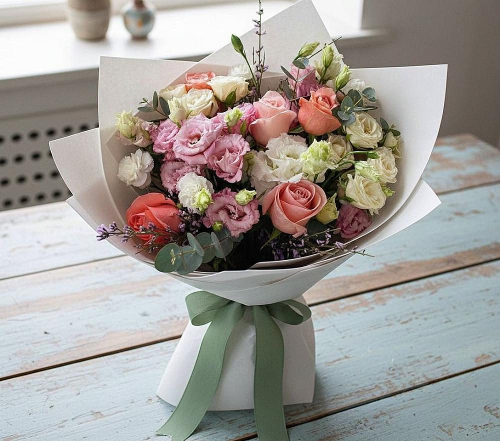 Букет цветов из: Розы, Лизиантусы и Гвоздики в Первое Мая