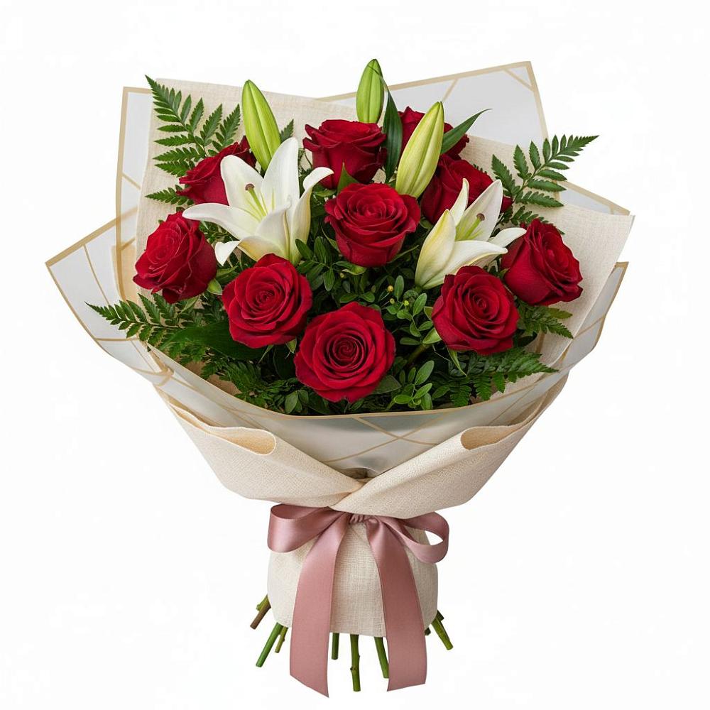 Букет цветов из: Лилии и Розы в Первое Мая