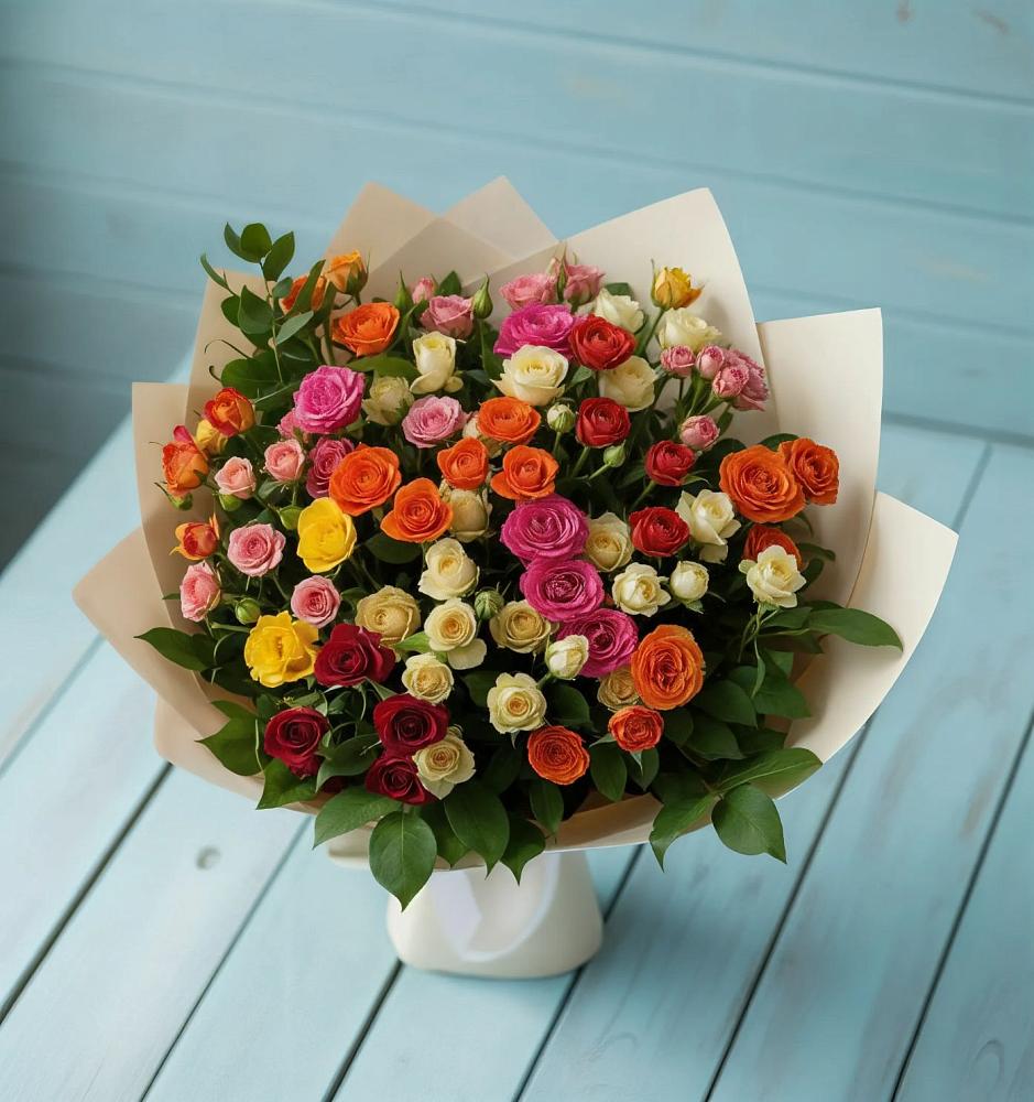 Букет Микс из разноцветных кустовых роз в Первое Мая