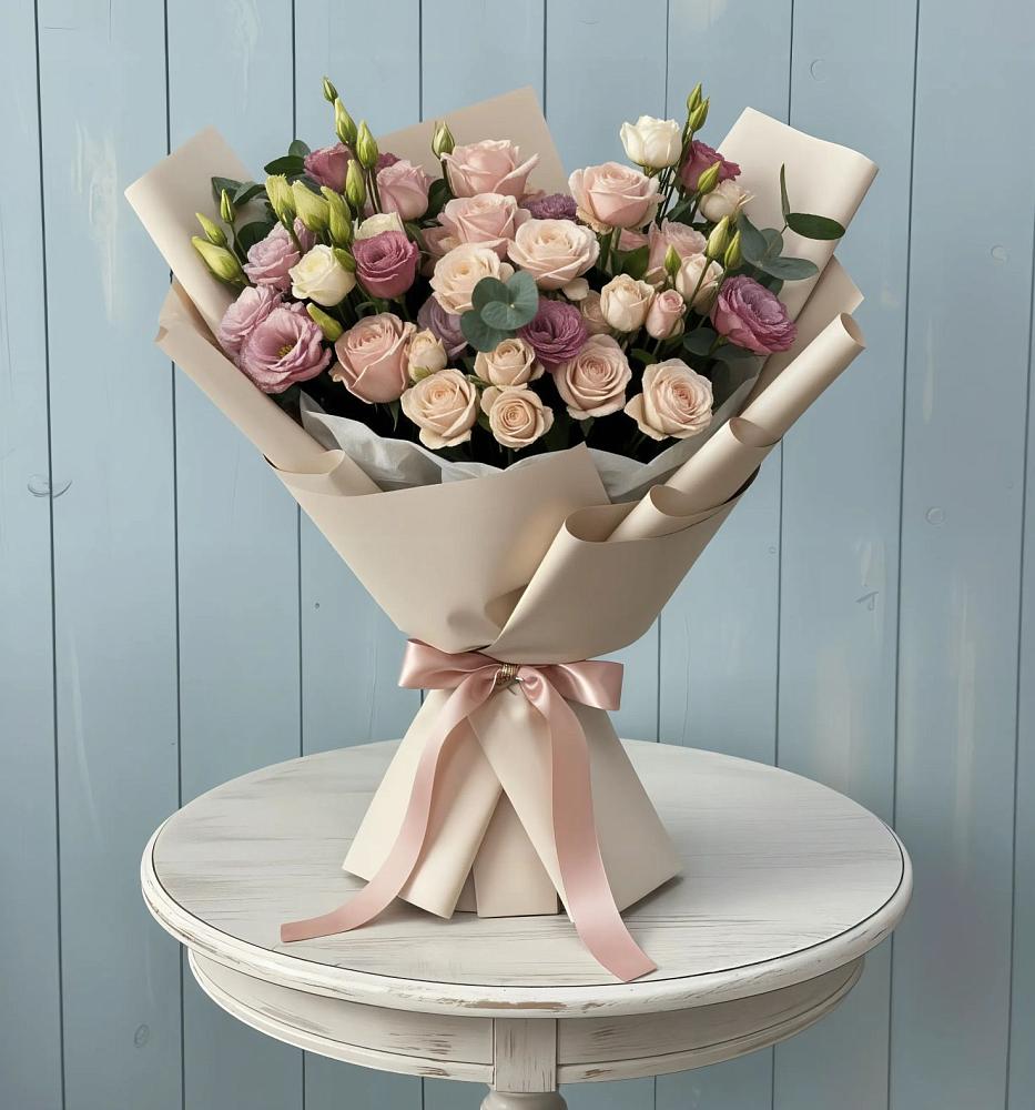 Букет цветов из: Розы и Лизиантусы в Первое Мая