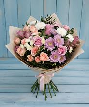 Букет цветов из:  Хризантемы, Розы и Альстромерии в Первое Мая