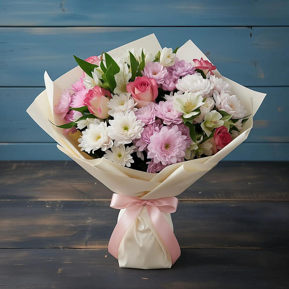 Букет цветов из: Хризантемы, Альстромерии и Розы в Первое Мая